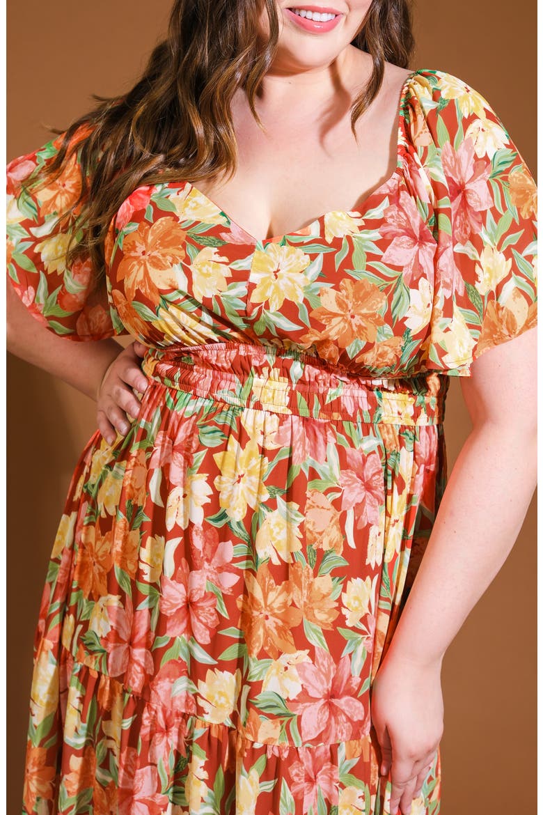 Printed Woven Tiered Maxi Dress, Alternate, color, BRICK