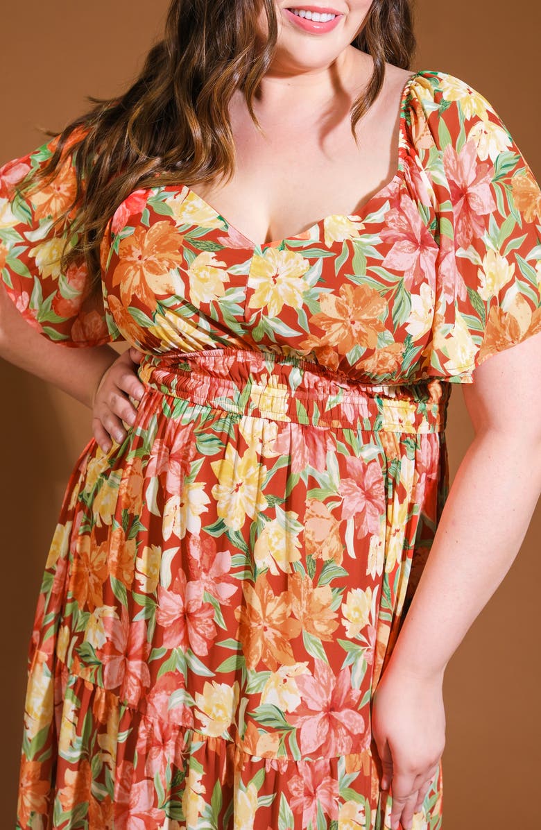 FLYING TOMATO Printed Woven Tiered Maxi Dress, Alternate, color, Brick