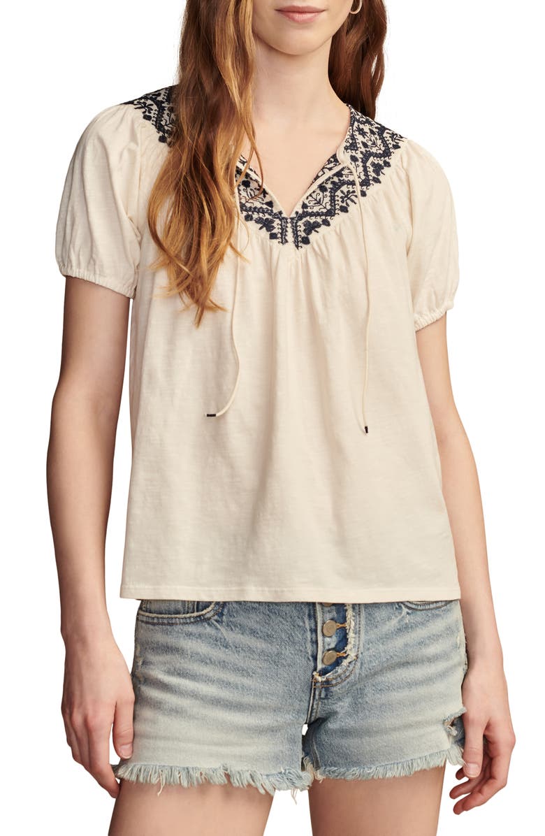 Lucky Brand Embroidered Split Neck Top, Main, color,