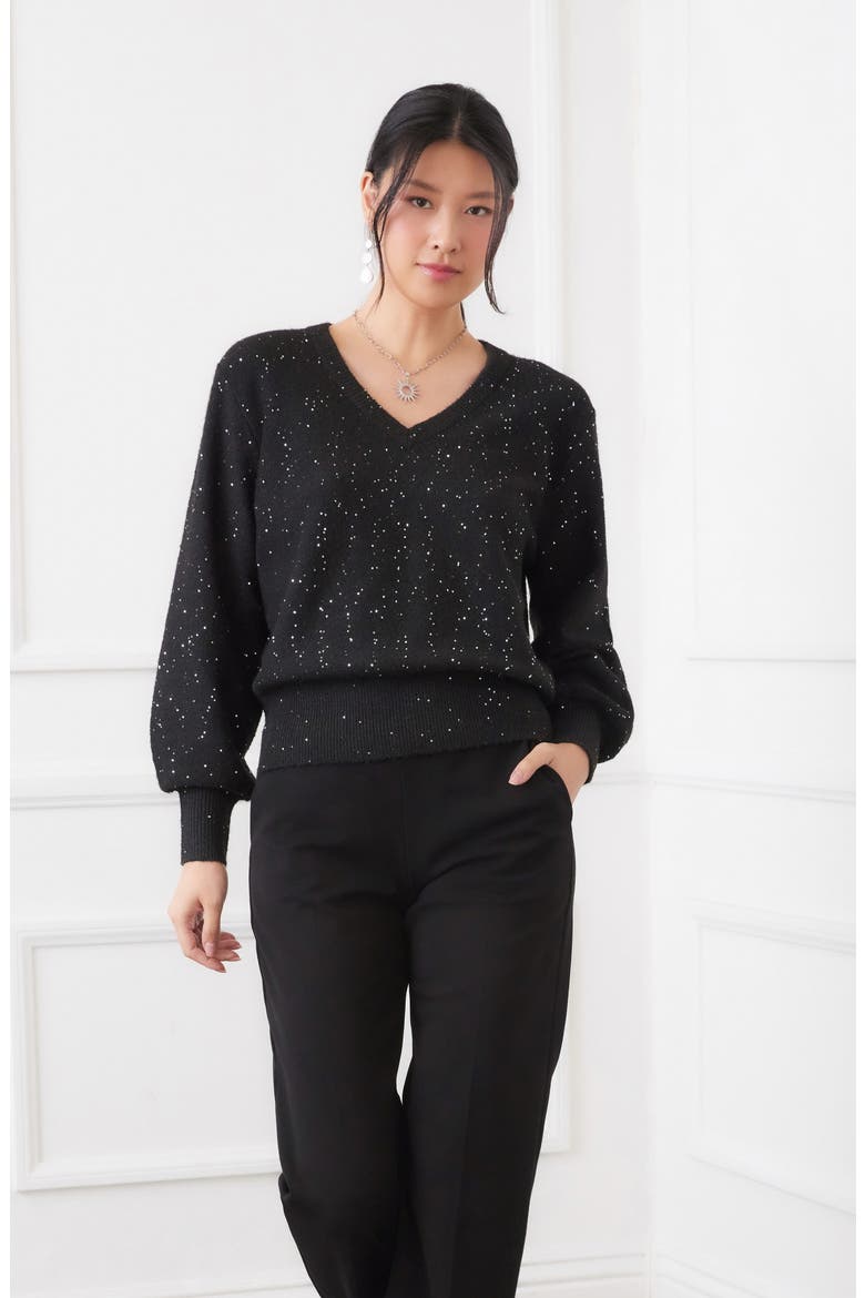 Sequin V-Neck Sweater, Alternate, color, BLACK