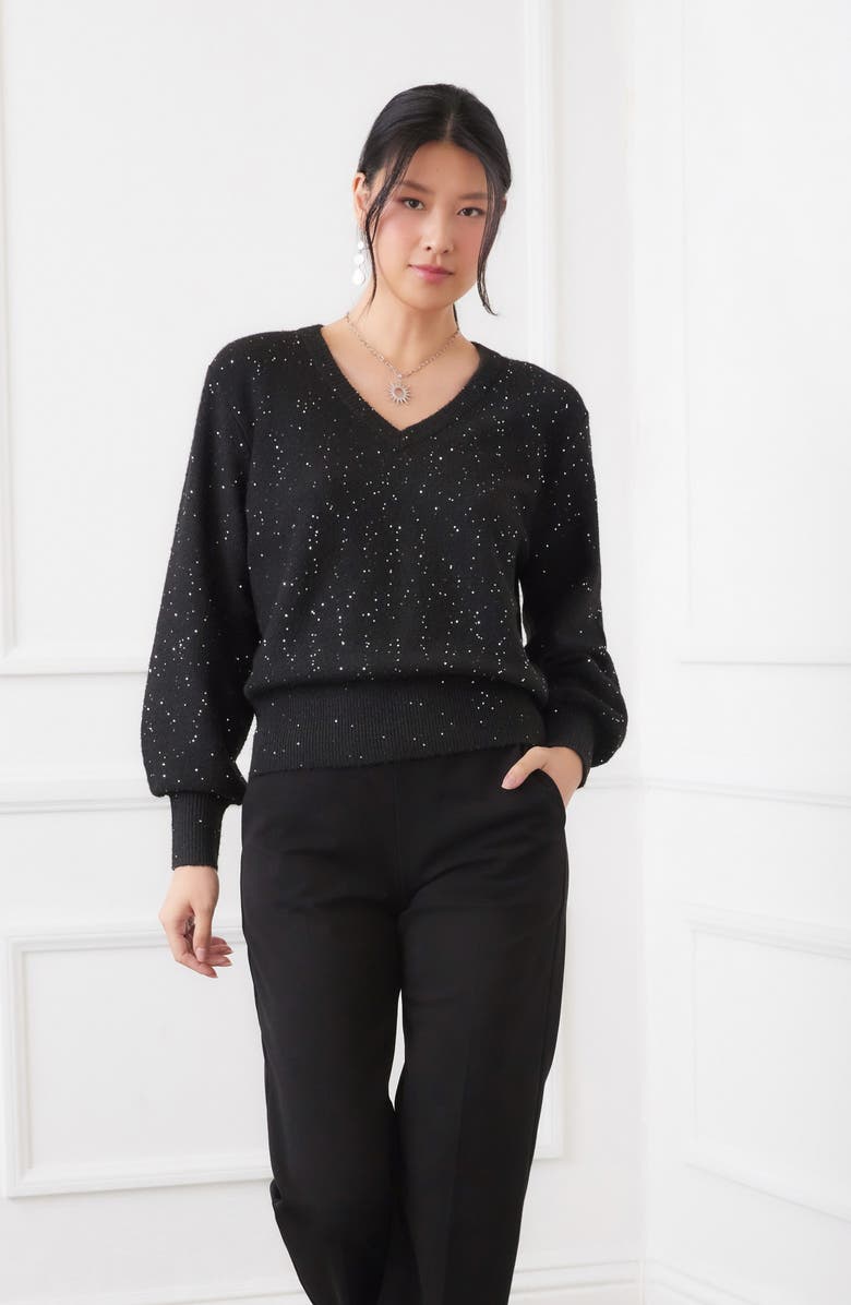 Karen Kane Sequin V-Neck Sweater, Alternate, color, Black