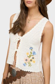 Blu Pepper Floral Embroidered Tie Front Sweater Vest