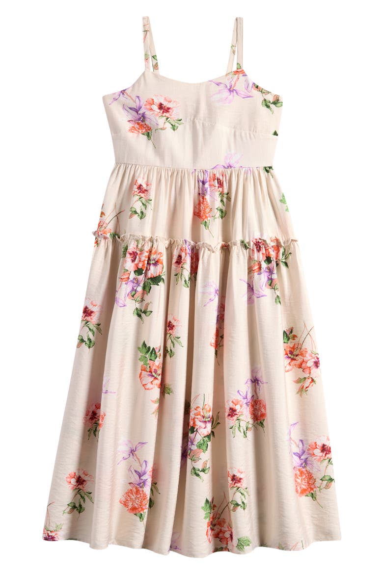 Kids' Floral Ruffle Tiered Midi Dress, Main, color, IVORY