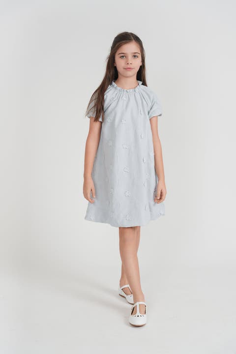 Girls Floral Embroidery Applique Dress - Knee Length, 3/4 Bubble Sleeves