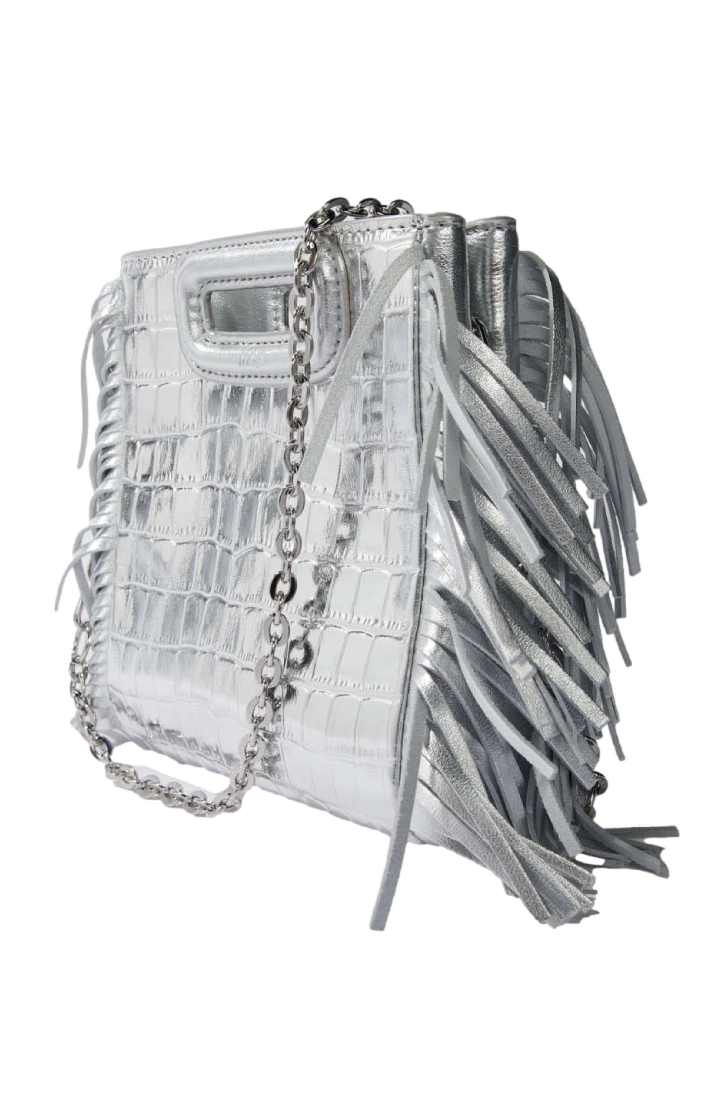 maje Mini embossed-leather M bag with chain, Alternate, color, Silver
