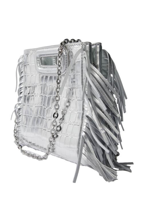 Maje Croc Metallic Leather Mini Shoulder Bag In Silver