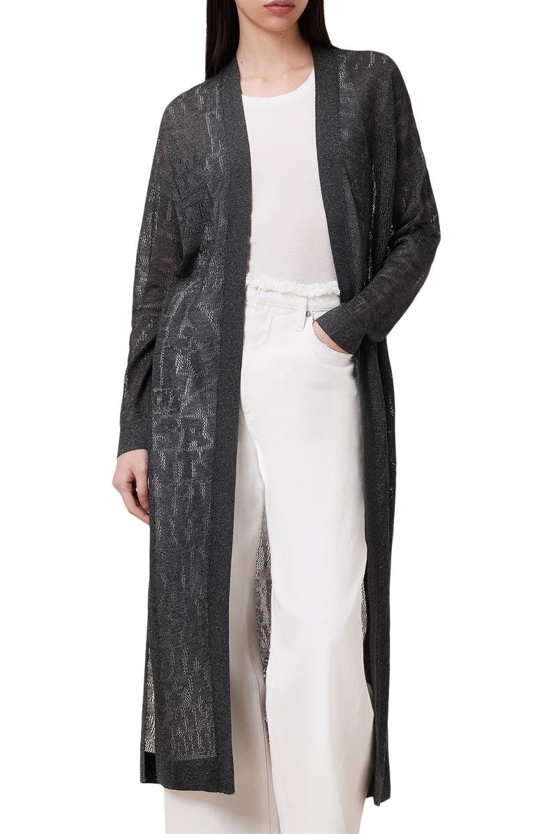 AllSaints Kaito Open Knit Longline Cardigan, Main, color, 