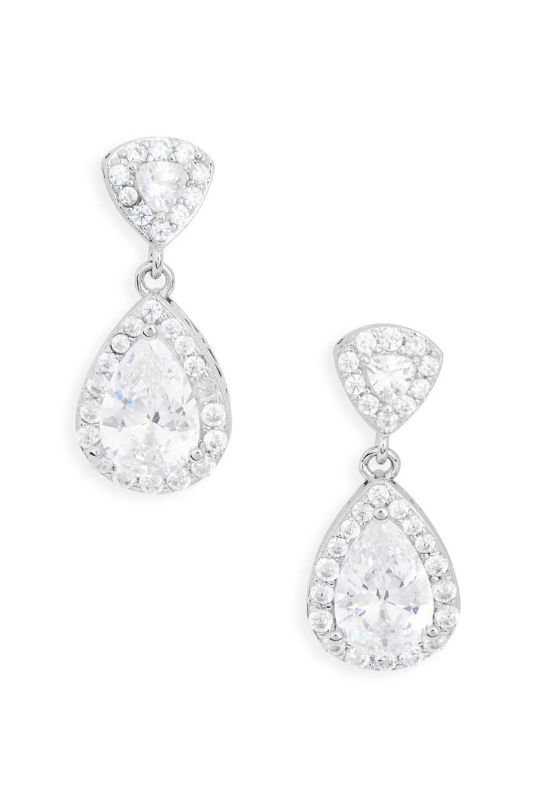 Pavé Cubic Zirconia Halo Pear Drop Earrings, Main, color, CLEAR- SILVER