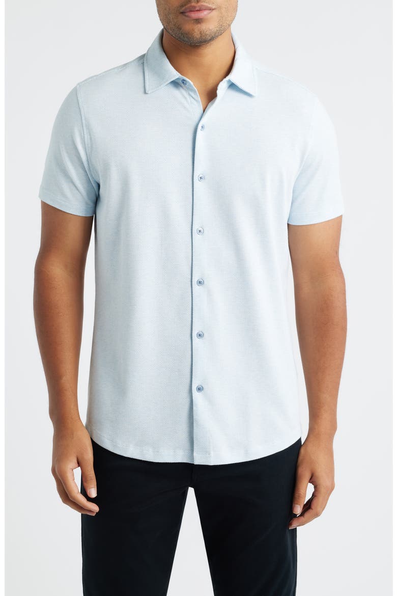 Keyes Slim Fit Microprint Short Sleeve Knit Button-Up Shirt, Main, color, BLUE