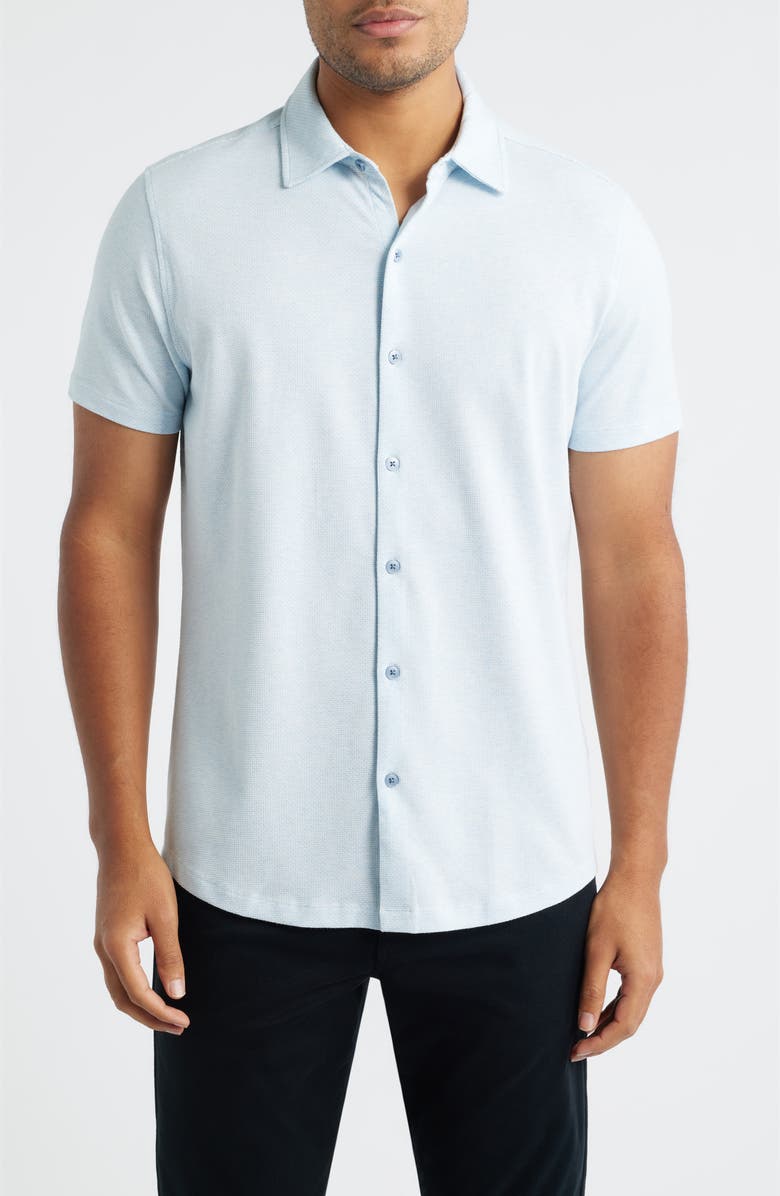 Robert Barakett Keyes Slim Fit Microprint Short Sleeve Knit Button-Up Shirt, Main, color, Blue