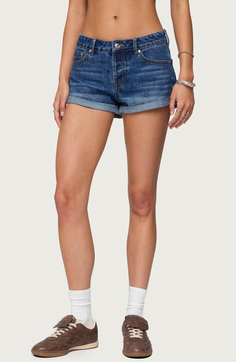 EDIKTED Rylin Cuffed Low Rise Denim Shorts, Main, color, Blue-Washed