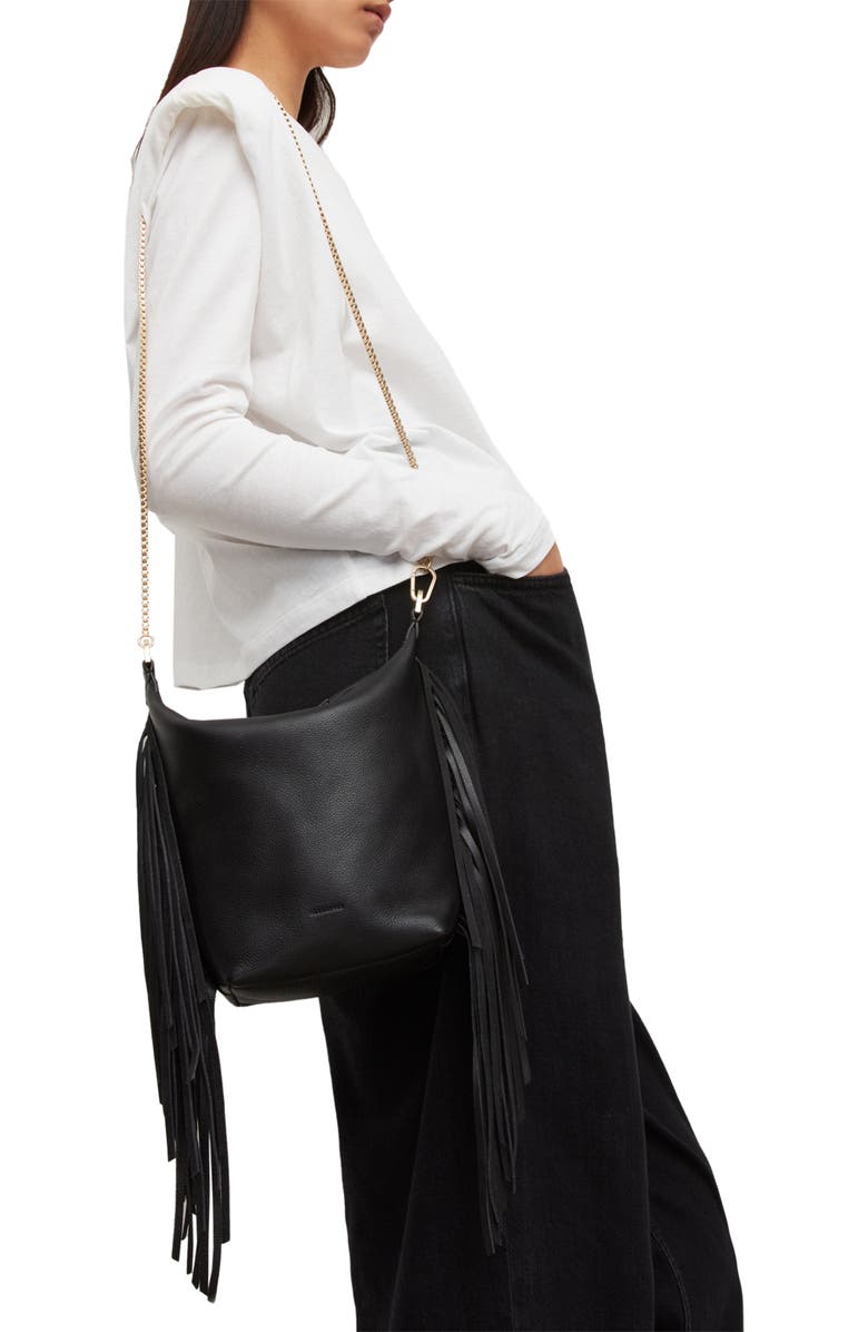 AllSaints Evaline Fringe Leather Crossbody Bag, Alternate, color,