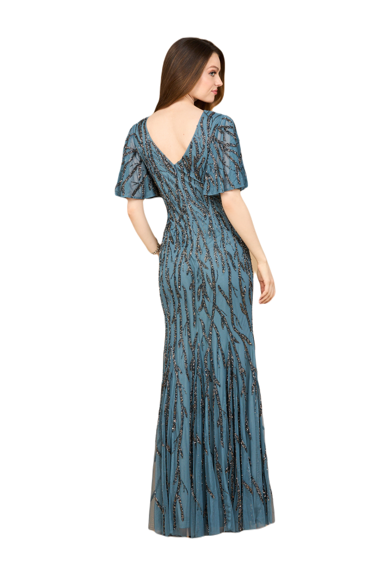 Beaded Gown with Flutter Sleeves, Alternate, color, Grey