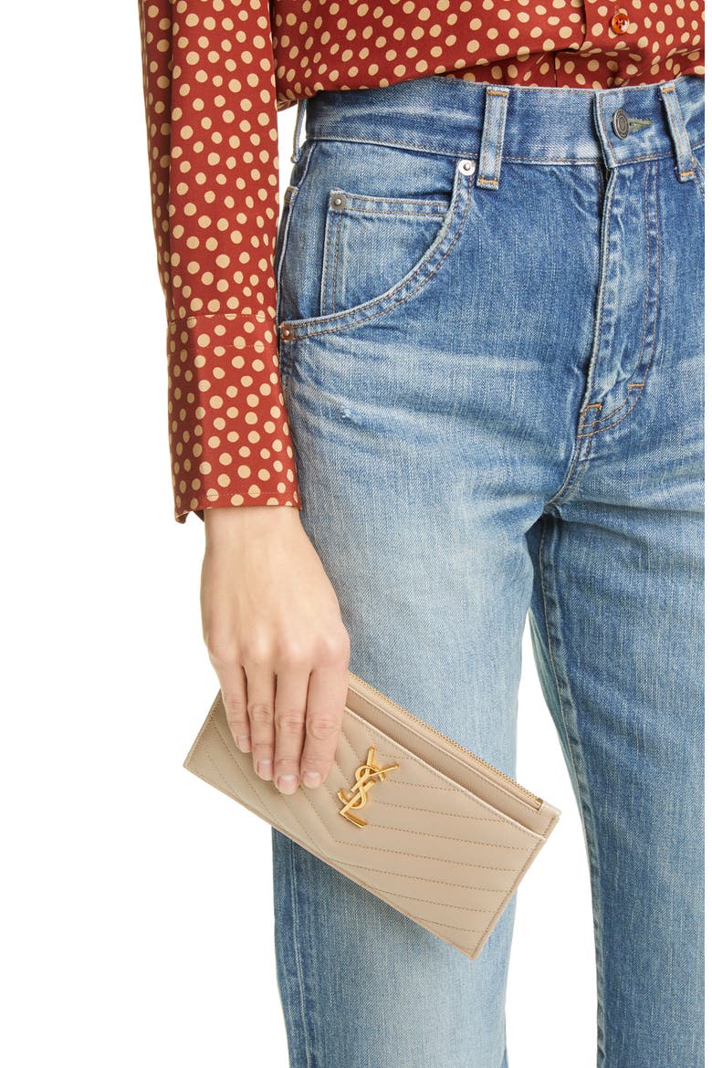 Monogramme Quilted Leather Zip Pouch, Alternate, color, DARK BEIGE