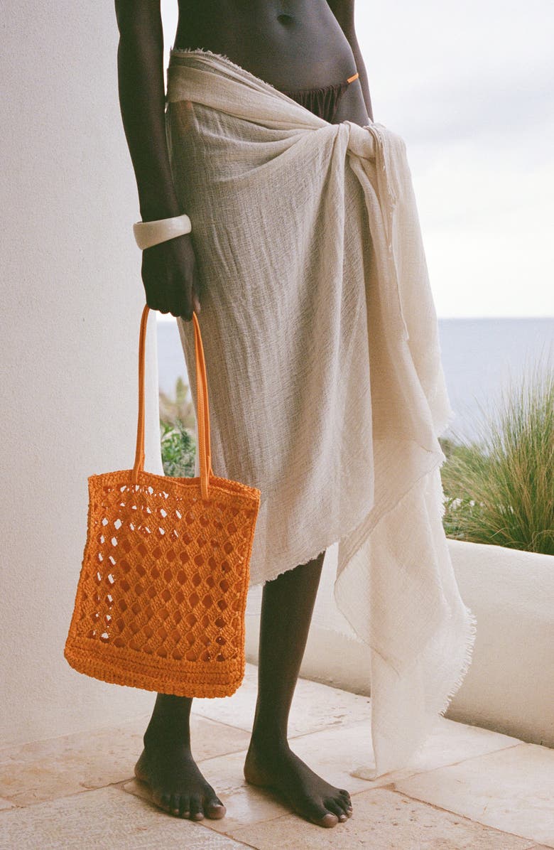 MANGO Openwork Crochet Straw Shopper, Alternate, color, Orange