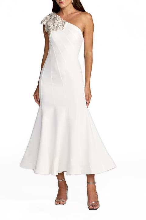 One-Shoulder Crepe Midi Dress with Floral Appliqué