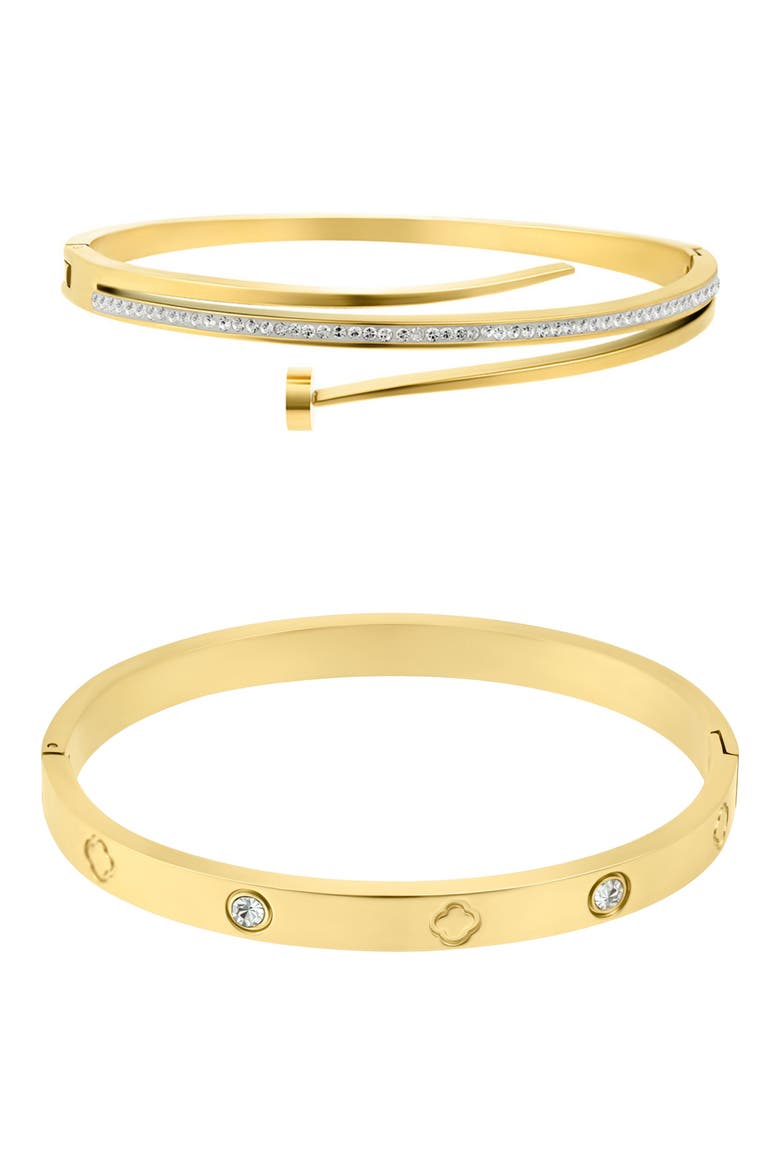 Set of 2 Nail & Clover Cuff Bracelets, Main, color, GOLD