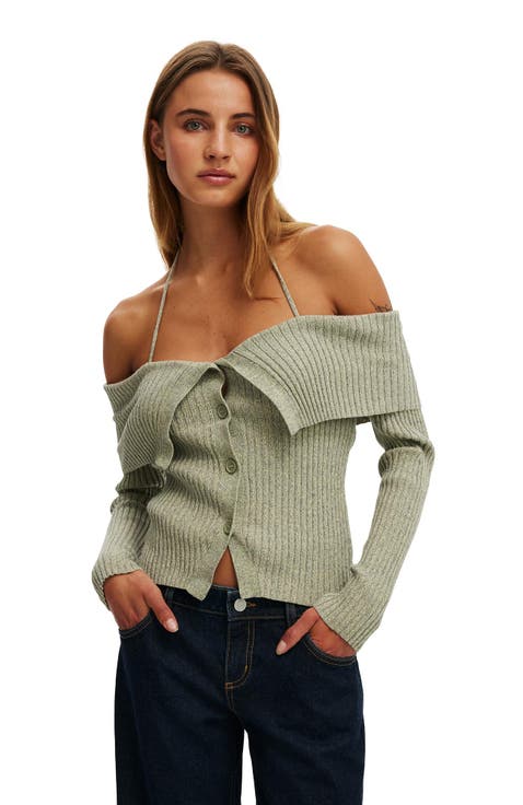 Women's Button Down Off Shoulder Knit