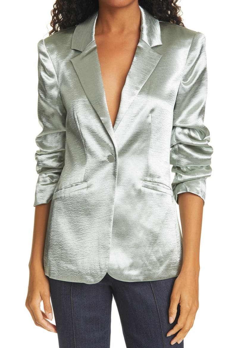 Kylie Hammered Satin Jacket, Main, color, GREEN SAPPHIRE