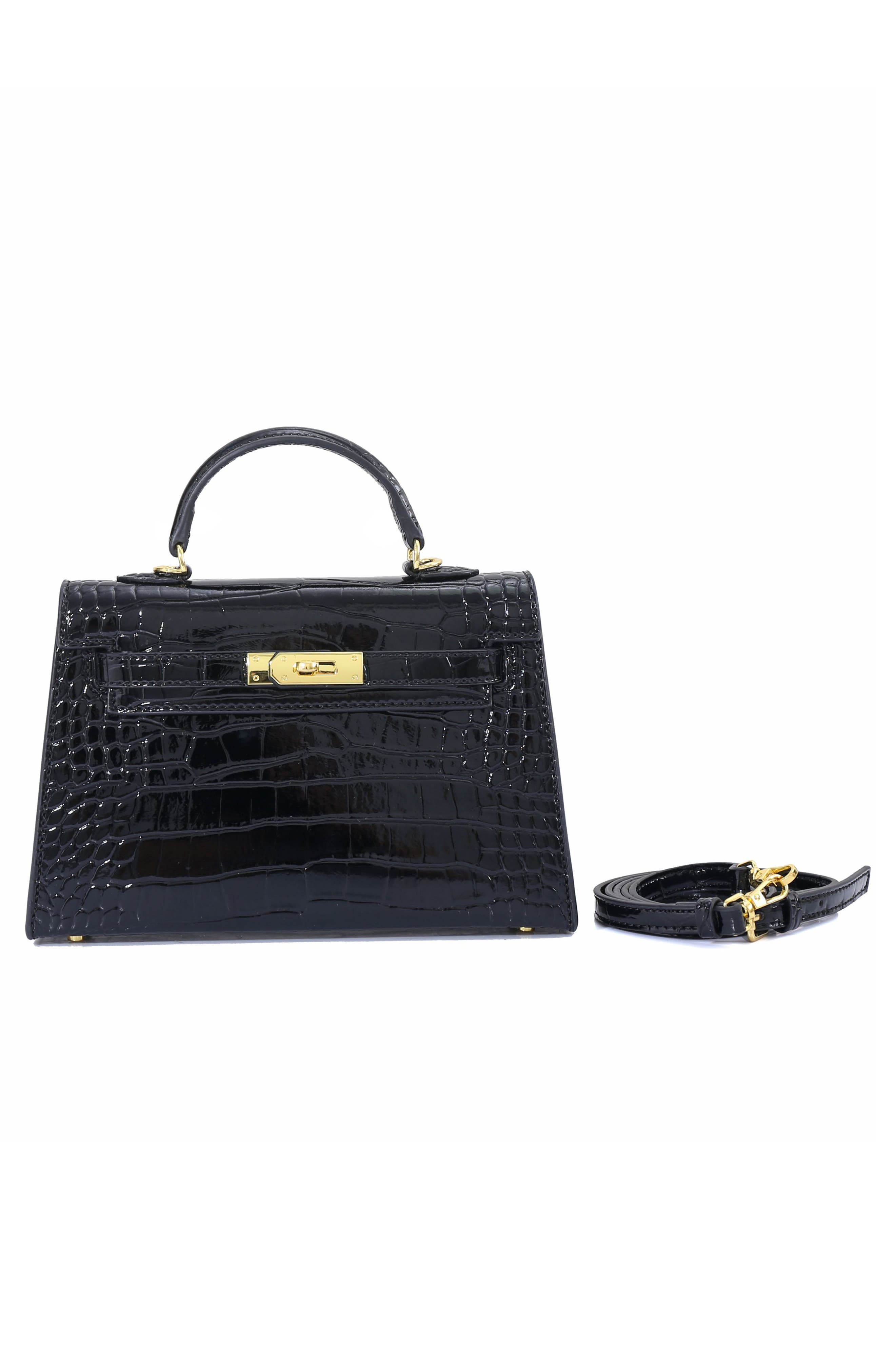 Croc Embossed Faux Leather Mini Handle Bag, Alternate, color, BLACK