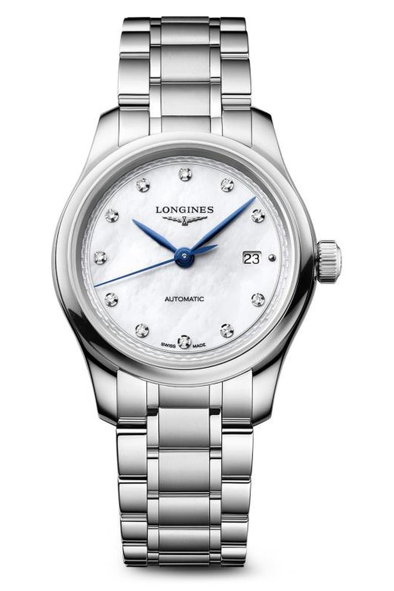 Master Collection Diamond Mother of Pearl Automatic Bracelet Watch, 30mm, Main, color, WHITE MOTHER-OF-PEARL