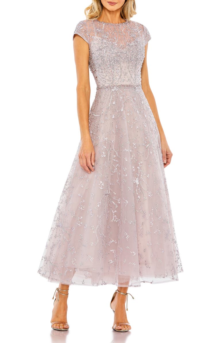 Mac Duggal Embellished High Neck Cap Sleeve A Line Dress, Main, color, Lilac