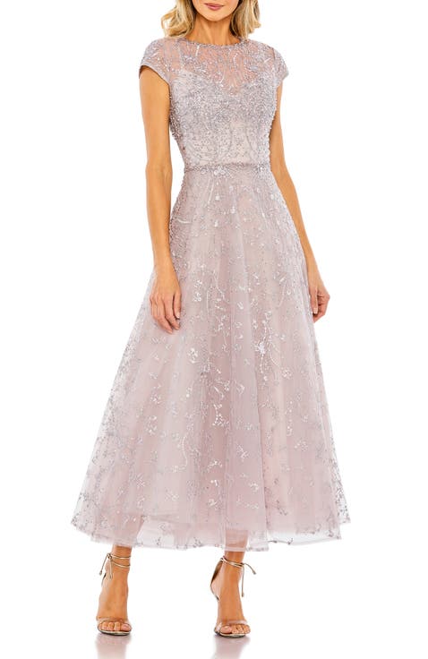 Embellished High Neck Cap Sleeve A Line Dress