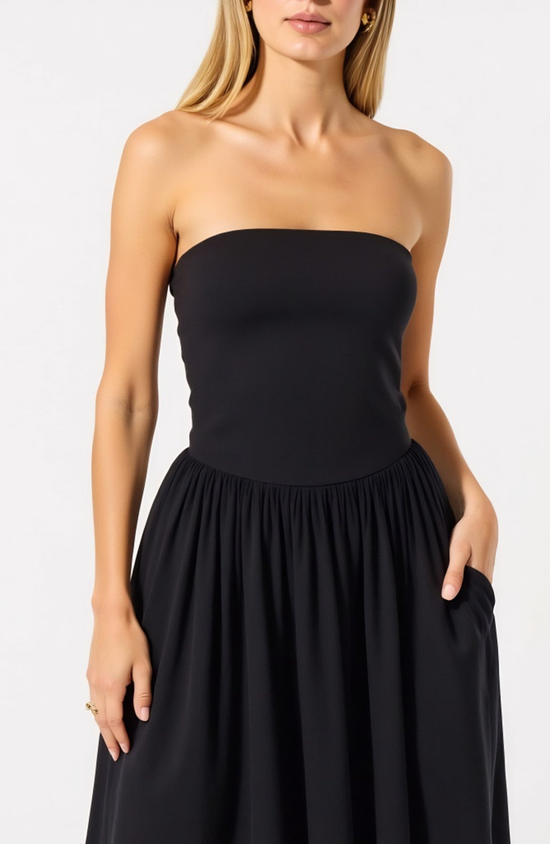 Modenaire Strapless Smocked Bodice Midi Dress with Flowy Skirt and Pockets, Alternate, color, Black