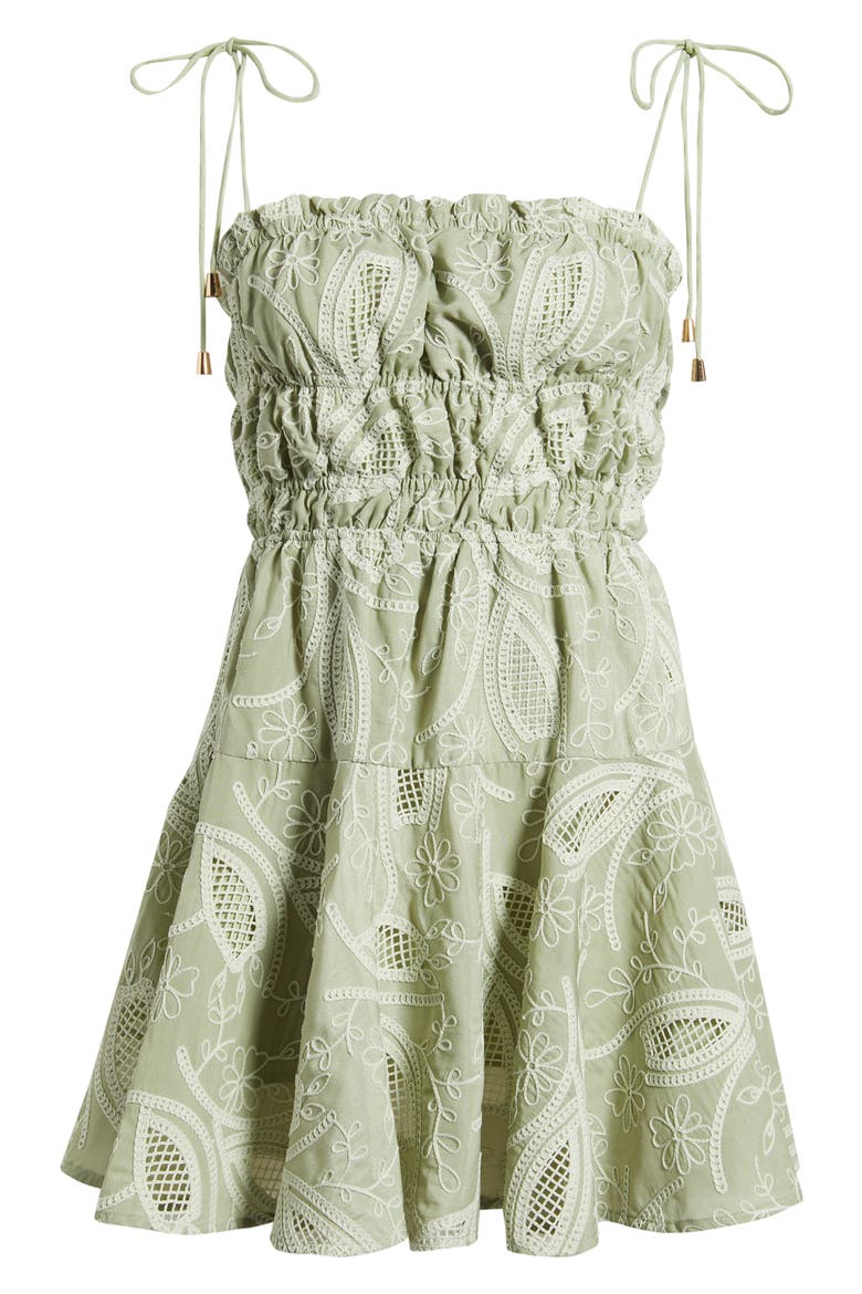 Embroidered Shirred Fit & Flare Minidress, Alternate, color, OLIVE