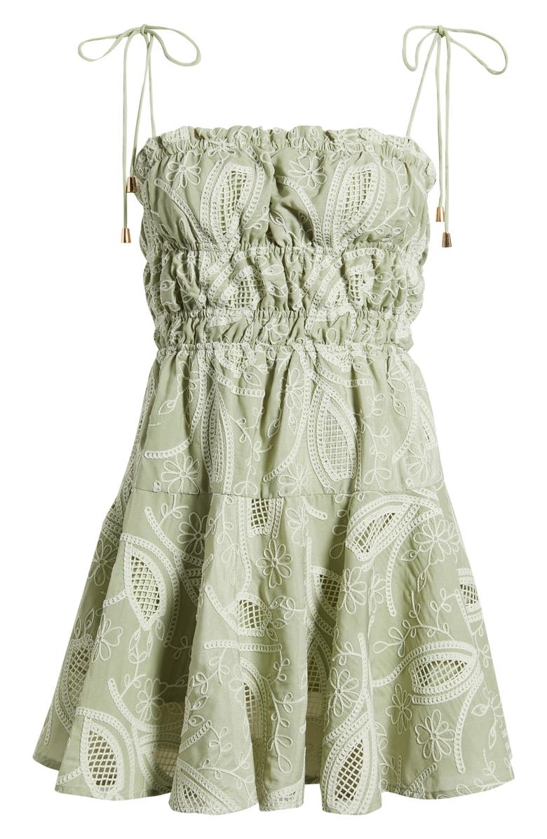 MOON RIVER Embroidered Shirred Fit & Flare Minidress, Alternate, color, Olive