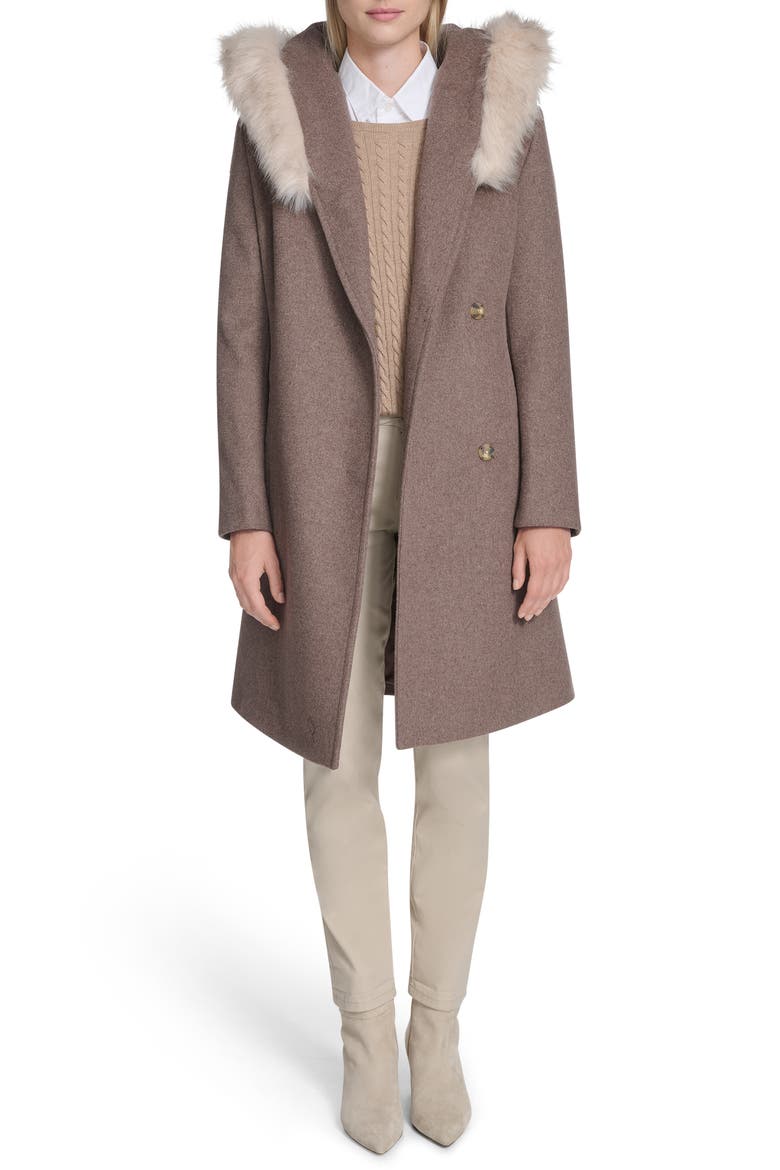 Slick Wool Blend Coat with Faux Fur Trim Hood, Alternate, color, PORTOBELLO