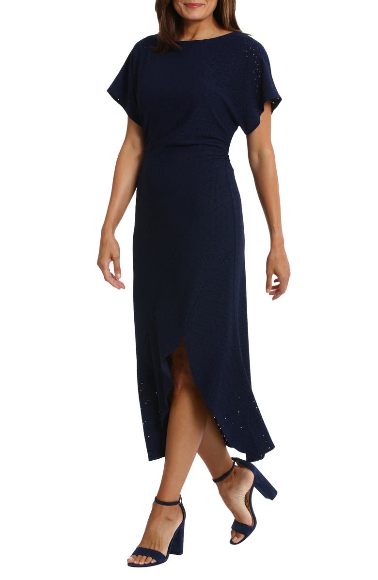 London Times Eyelet Short Sleeve Tulip Hem Midi Dress, Alternate, color,