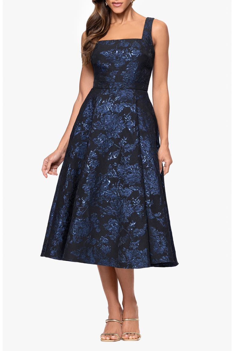 Brocade Cocktail Midi Dress, Main, color, BLACK/ ROYAL
