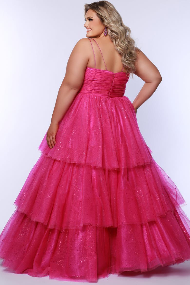 Spaghetti Strap Teired Plus Size Ballgown, Alternate, color, Pink