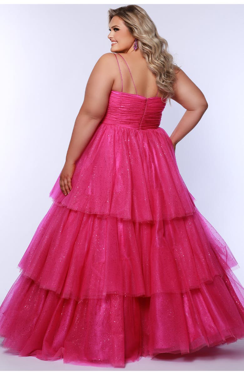 Sydney's Closet Spaghetti Strap Teired Plus Size Ballgown, Alternate, color, Pink