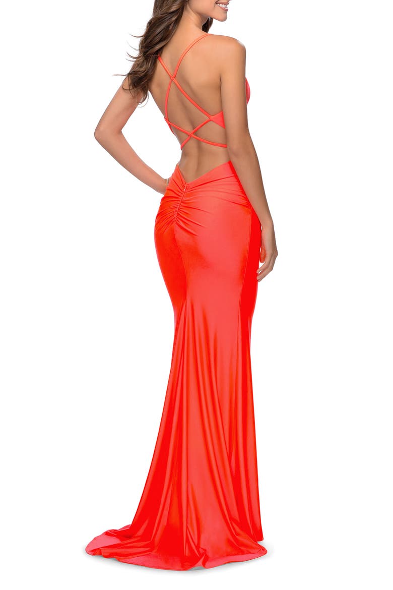 Strappy Back Ruched Trumpet Gown, Alternate, color, NEON CORAL