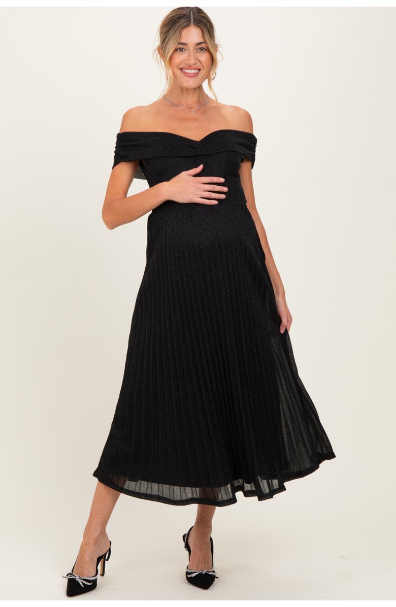 PinkBlush Shimmer Off Shoulder Pleated Midi Dress, Main, color, Black