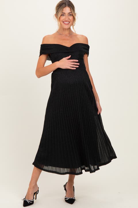 Shimmer Off Shoulder Pleated Midi Dress