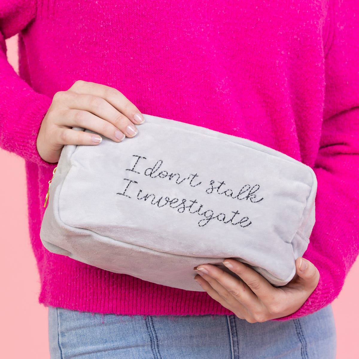 I Investigate Large Velvet Bag Polyester Grey, Alternate, color, Grey