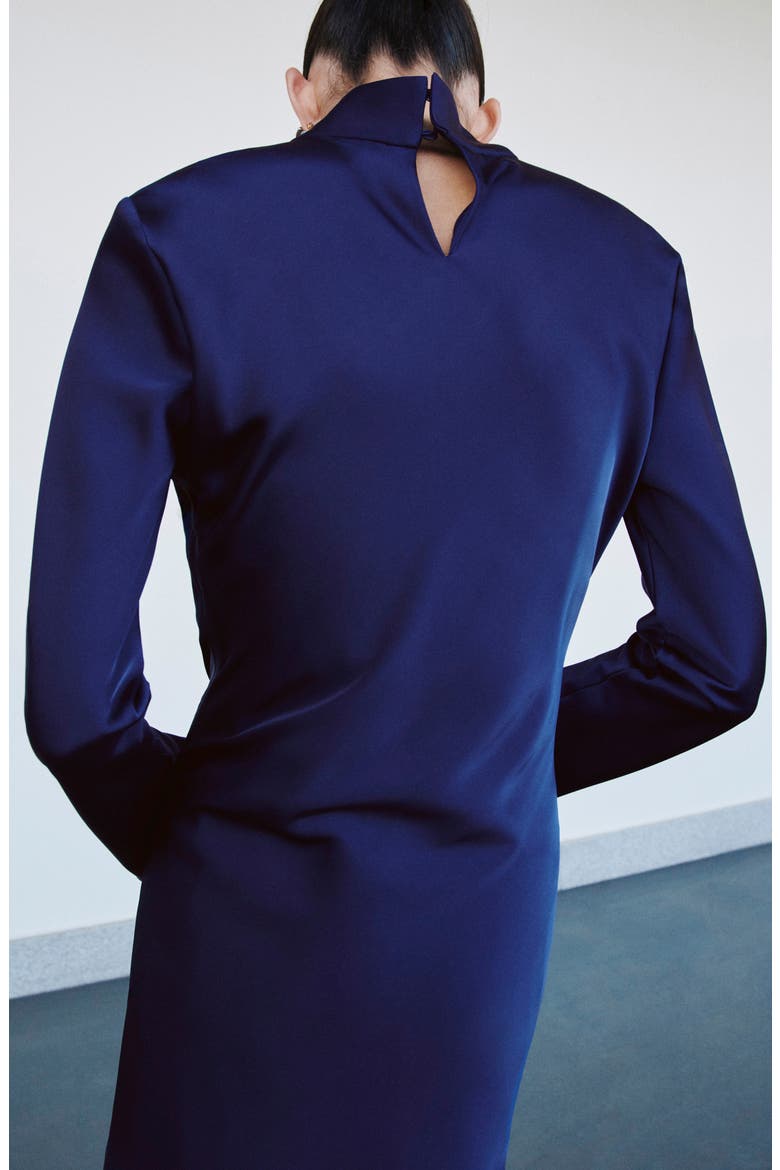 Pleated Long Sleeve Satin Dress, Alternate, color, INDIGO BLUE
