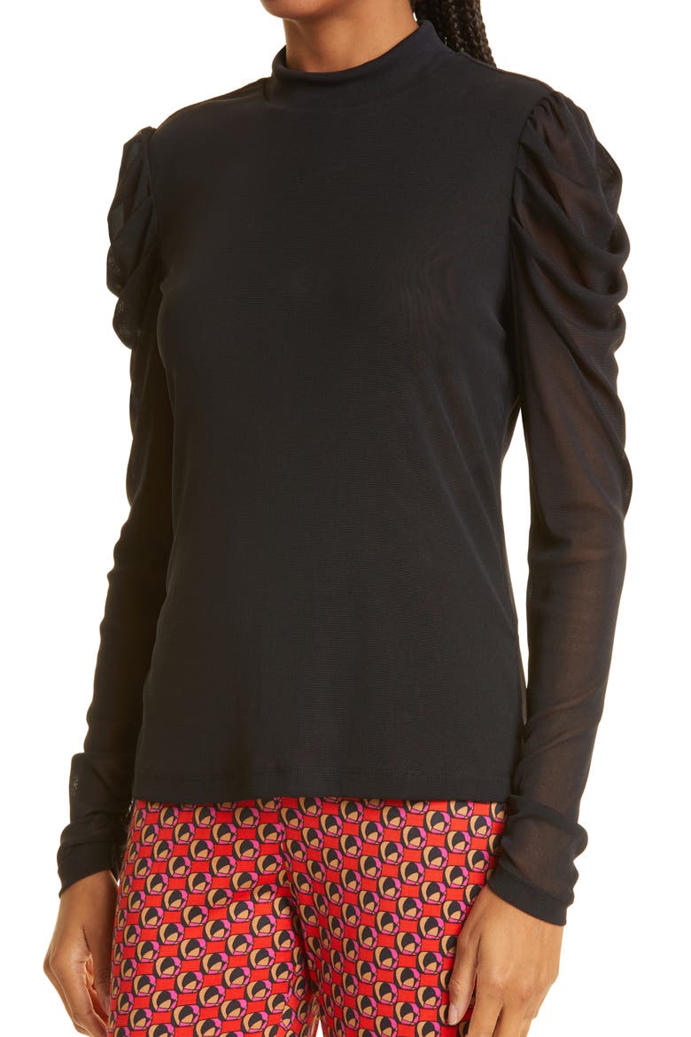 DVF Remy Ruched Mesh Top, Alternate, color, BLACK