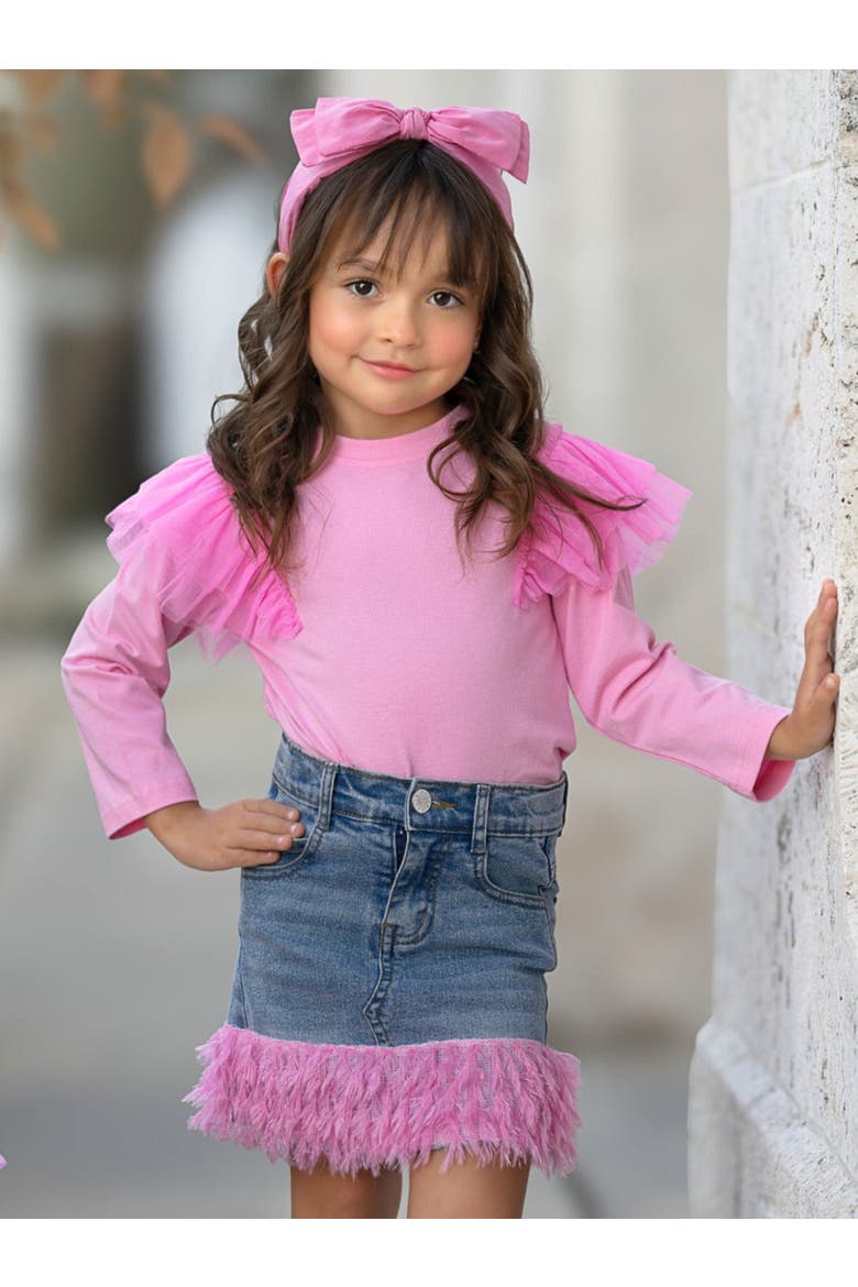 Girls Pink Ruffle Top and Feather Trim Denim Skirt Set, Alternate, color, Pink