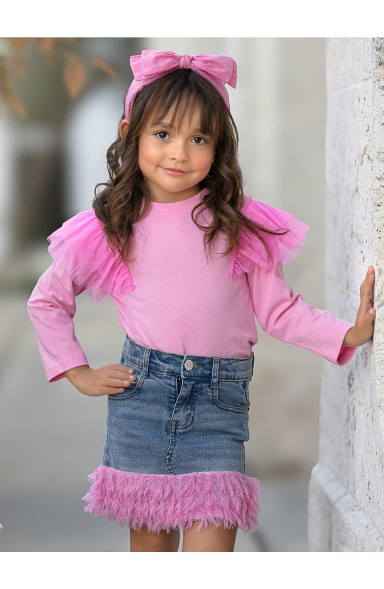 Mia Belle Girls Girls Pink Ruffle Top and Feather Trim Denim Skirt Set, Alternate, color, Pink