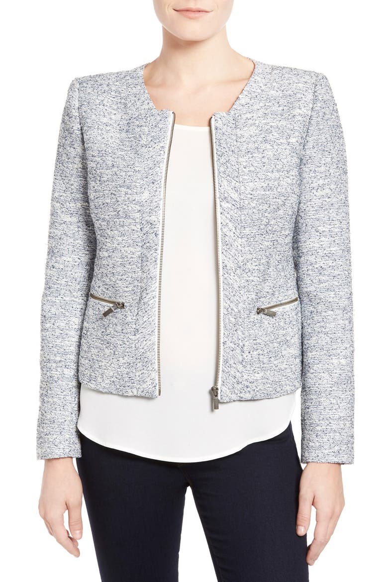Zip Front Collarless Jacket, Main, color, NAVY MELANGE PATTERN