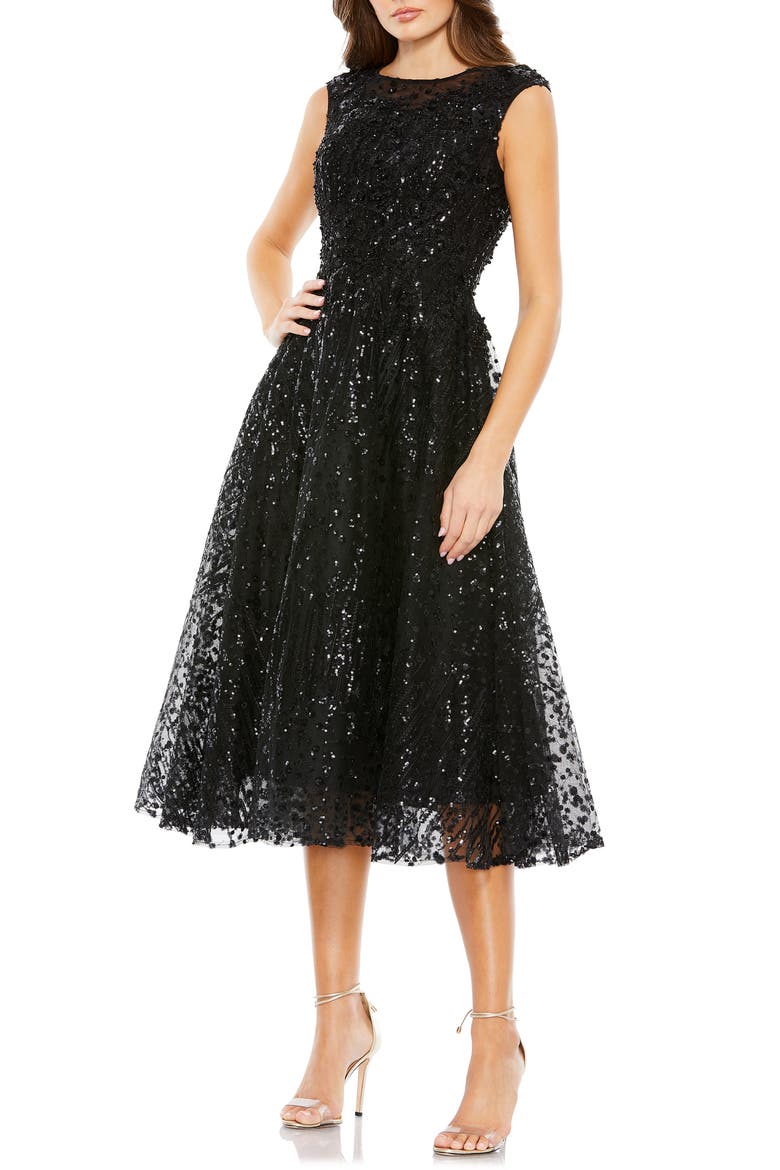 Sequin Cap Sleeve Fit & Flare Cocktail Dress, Main, color, BLACK
