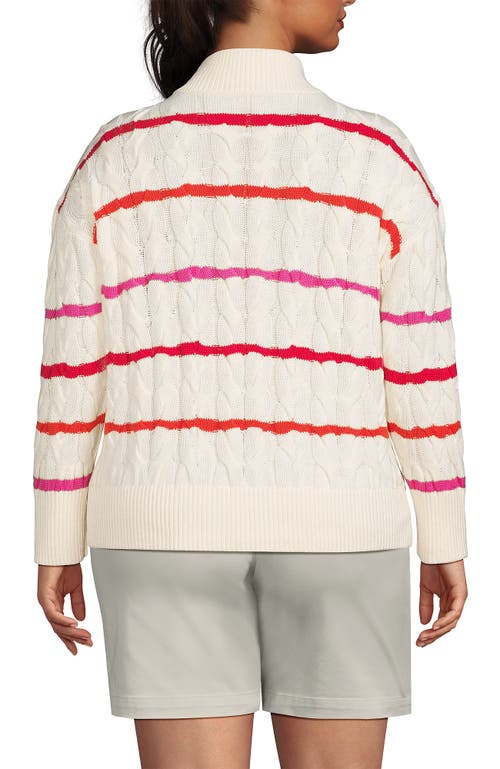 Lands' End Plus Size Drifter Cable Quarter Zip Sweater In Fresh Ivory Wide Multi Stripe