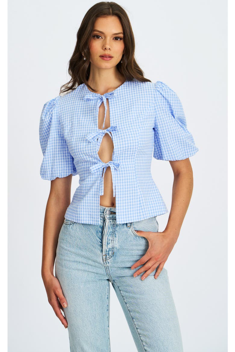 Qusayla GinghamCheck Puff Sleeve Tie Detail Top, Main, color, Blue