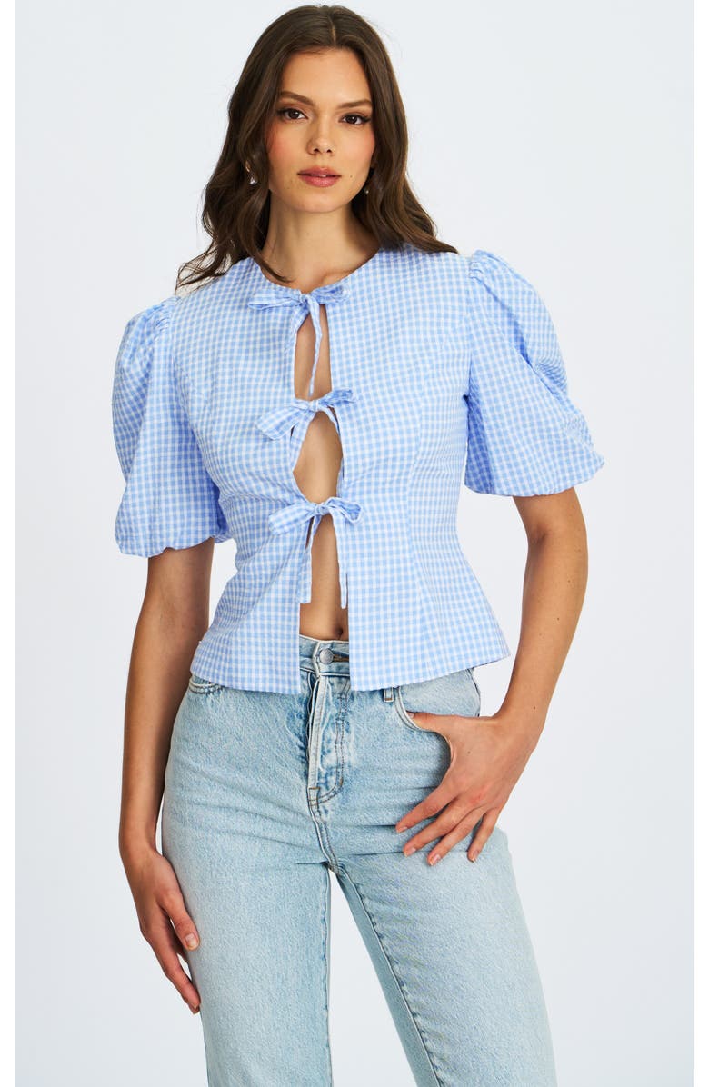 Miss Circle Qusayla GinghamCheck Puff Sleeve Tie Detail Top, Main, color, Blue
