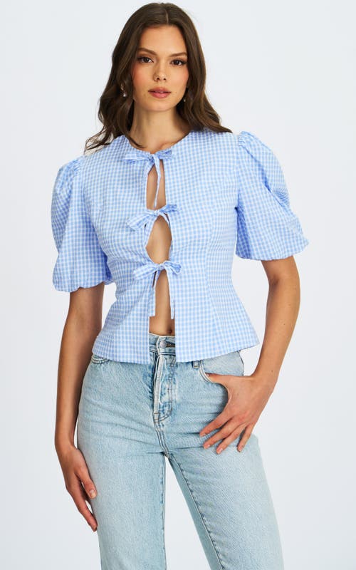 Miss Circle Qusayla Ginghamcheck Puff Sleeve Tie Detail Top In Blue