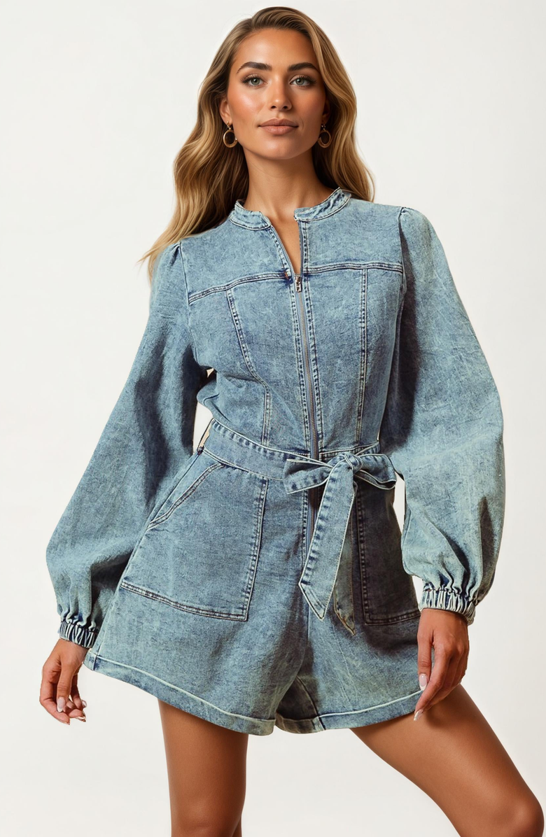 Knit and Lounge Long Sleeve Belted Front Zip Denim Romper, Alternate, color, 